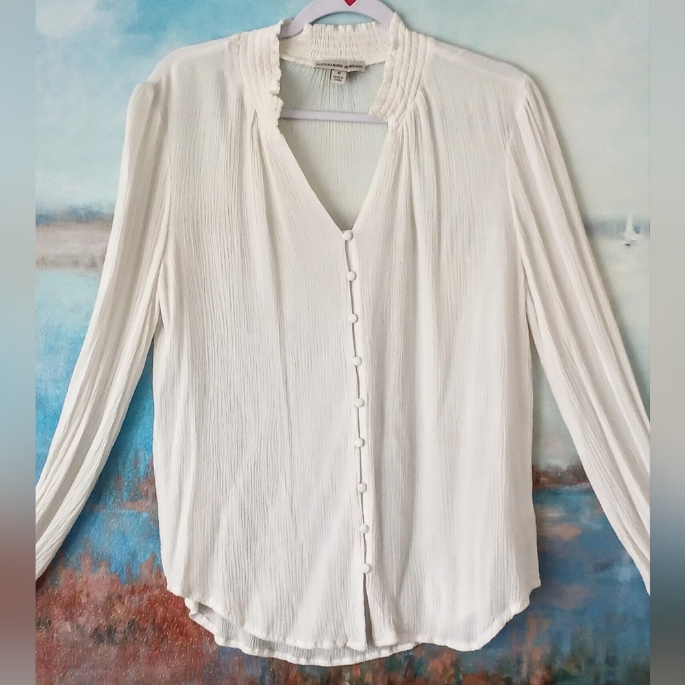 ALEXANDER JORDAN Off White Button front long slv Blouse Sheering details Sz M